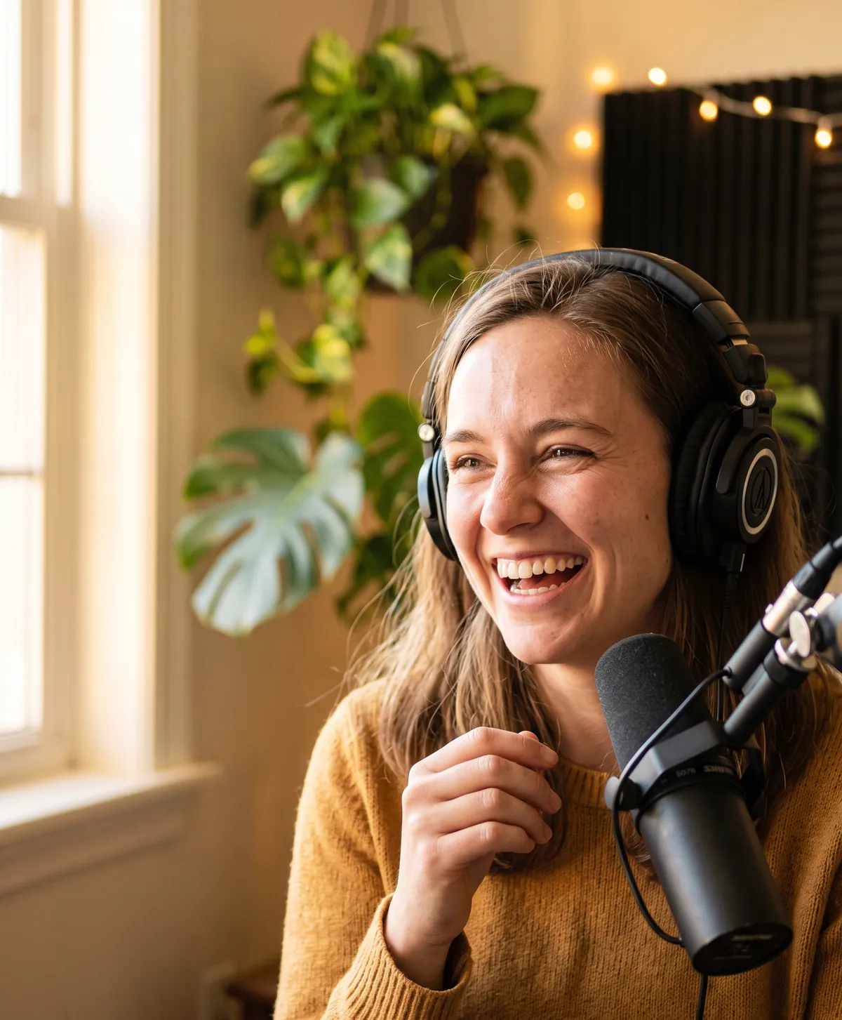 Podcaster wearing headphones laughing at a microphone